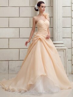 Ball Gown One Shoulder Organza Court Train Flower(s) Wedding Dresses #00020420