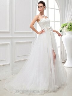 A-line Sweetheart Tulle Satin Court Train Appliques Wedding Dresses #00020431