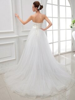A-line Sweetheart Tulle Satin Court Train Appliques Wedding Dresses #00020431