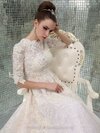 A-line Scoop Lace Sweep Train Appliques Wedding Dresses #00020449