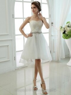 A-line Sweetheart Tulle Satin Asymmetrical Rhinestone Wedding Dresses #00020453