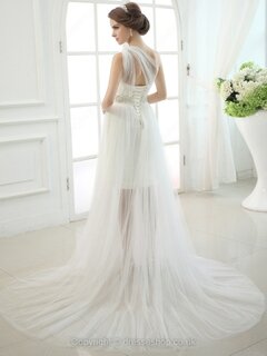 A-line One Shoulder Tulle Satin Court Train Rhinestone Wedding Dresses #00020457