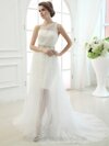 A-line One Shoulder Tulle Satin Court Train Rhinestone Wedding Dresses #00020457