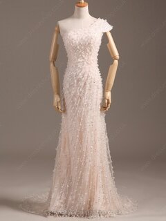 Sheath/Column One Shoulder Tulle Satin Court Train Beading Wedding Dresses #00020460