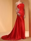 A-line Silk-like Satin One Shoulder Beading Sweep Train Prom Dresses IS#02014449