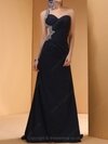 Sheath/Column One Shoulder Silk-like Satin Sweep Train Rhinestone Evening Dresses #02023237