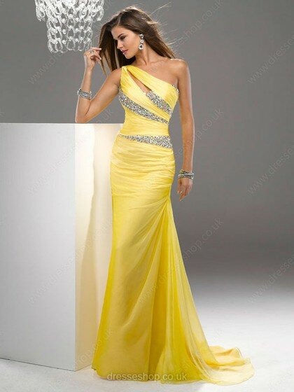Chiffon Open Back Crystal Detailing Sheath/Column One Shoulder Yellow Prom Dress #02021921