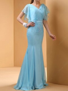 Trumpet/Mermaid V-neck Chiffon Floor-length Beading Prom Dresses #02014412