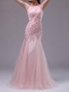 Trumpet/Mermaid One Shoulder Tulle Sweep Train Rhinestone Prom Dresses #02014394