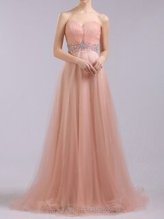 A-line Sweetheart Tulle Satin Sweep Train Rhinestone Prom Dresses #02014369