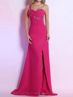 Sheath/Column One Shoulder Chiffon Sweep Train Split Front Evening Dresses #02023121