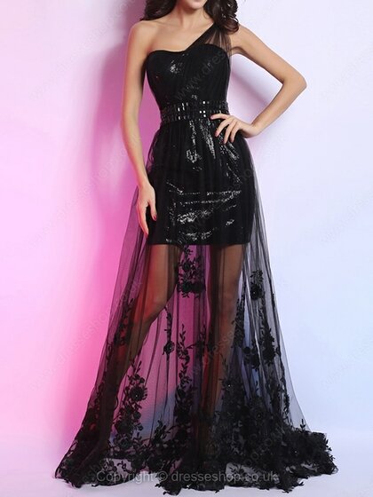 A-line One Shoulder Tulle Sequined Floor-length Rhinestone Prom Dresses #02014285
