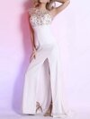 Sheath/Column Scoop Elastic Woven Satin Sweep Train Appliques Evening Dresses #02023098