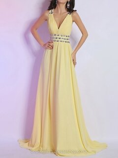 A-line V-neck Chiffon Sweep Train Rhinestone Prom Dresses #02014280