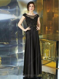 Chiffon Tulle Scoop Neck Appliques Lace Cap Straps Black Prom Dresses #02016103