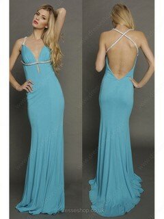 Trumpet/Mermaid Blue Chiffon Ladies V-neck Backless Prom Dresses #02016463