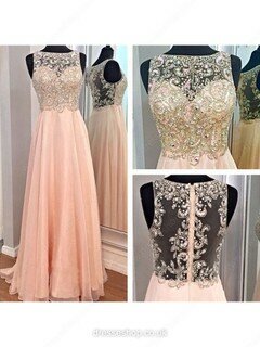 A-line Scoop Neck Chiffon Tulle Sweep Train Beading Prom Dresses #02016891