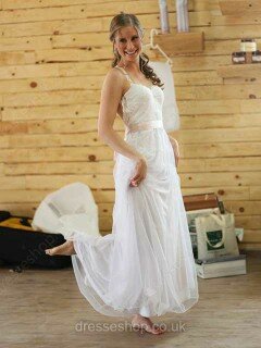 A-line Halter Lace Chiffon Floor-length Sashes / Ribbons Wedding Dresses #00021384