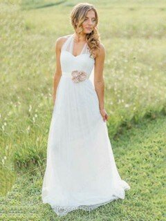 A-line Halter Tulle Sweep Train Sashes / Ribbons Wedding Dresses #00021270