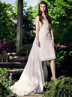 A-line Scoop Neck Chiffon Watteau Train Appliques Lace Wedding Dresses #00021313