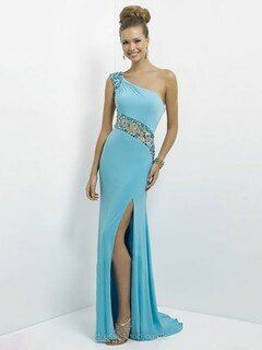 Blue One Shoulder Chiffon Tulle Crystal Detailing Sheath/Column Prom Dresses #02014799
